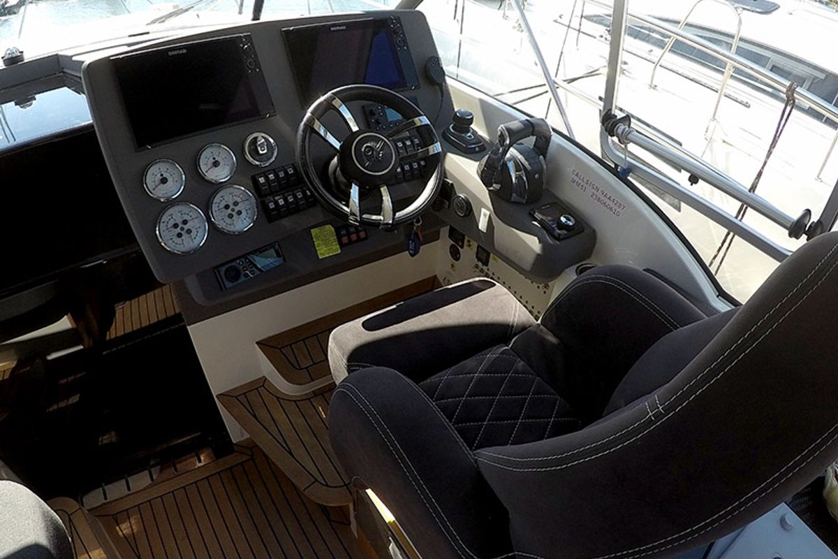 Cockpit of 7 Happy Days, a Marex 360 Cabriolet Cruiser yacht at Grad Šibenik, Croatia