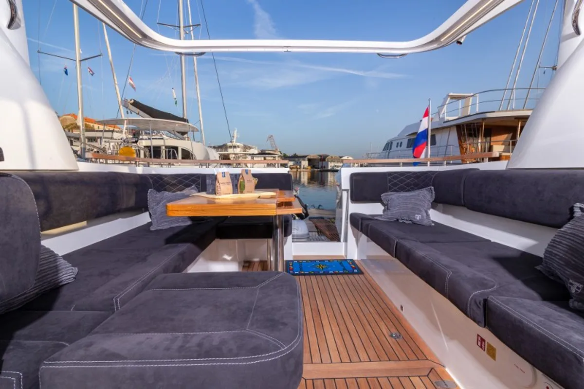 Deck of 7 Happy Days, a Marex 360 Cabriolet Cruiser yacht at Grad Šibenik, Croatia