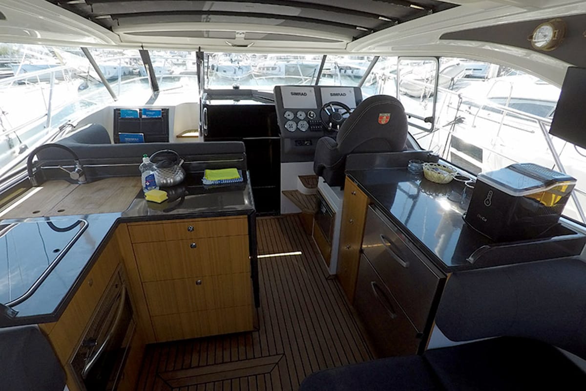 Cockpit of 7 Happy Days, a Marex 360 Cabriolet Cruiser yacht at Grad Šibenik, Croatia