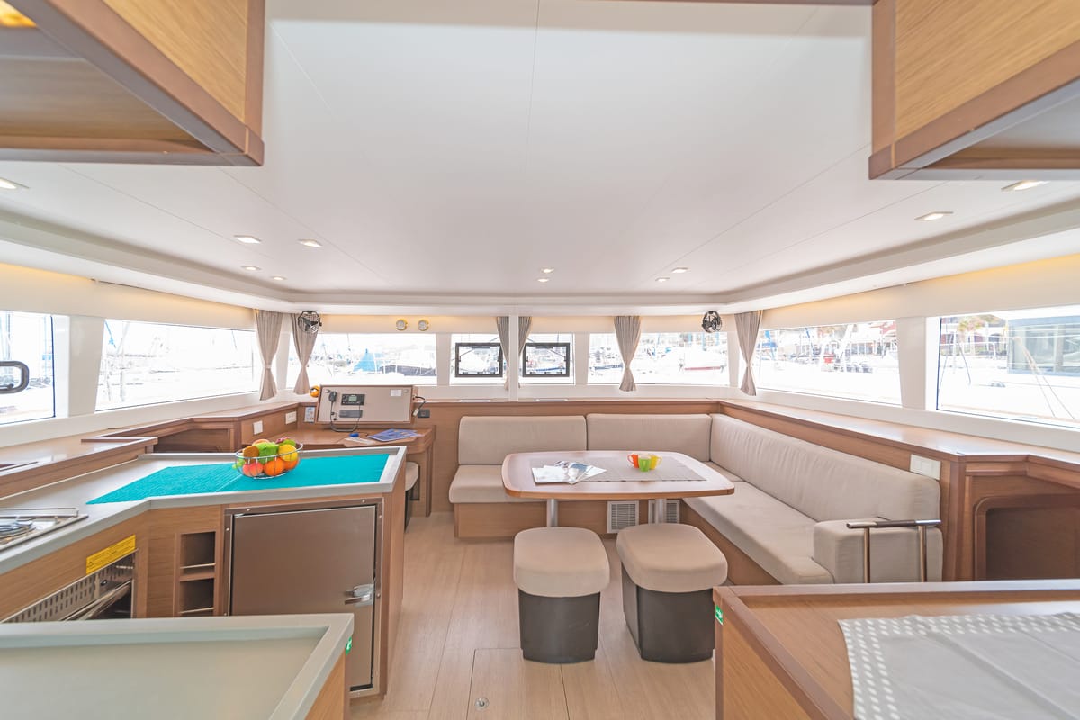 Salon of Nemesis, a Lagoon 450 Fly catamaran at Kos, Greece