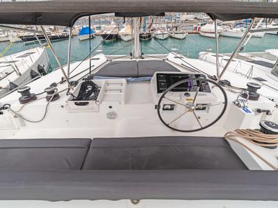 Cockpit of Nemesis, a Lagoon 450 Fly catamaran at Kos, Greece