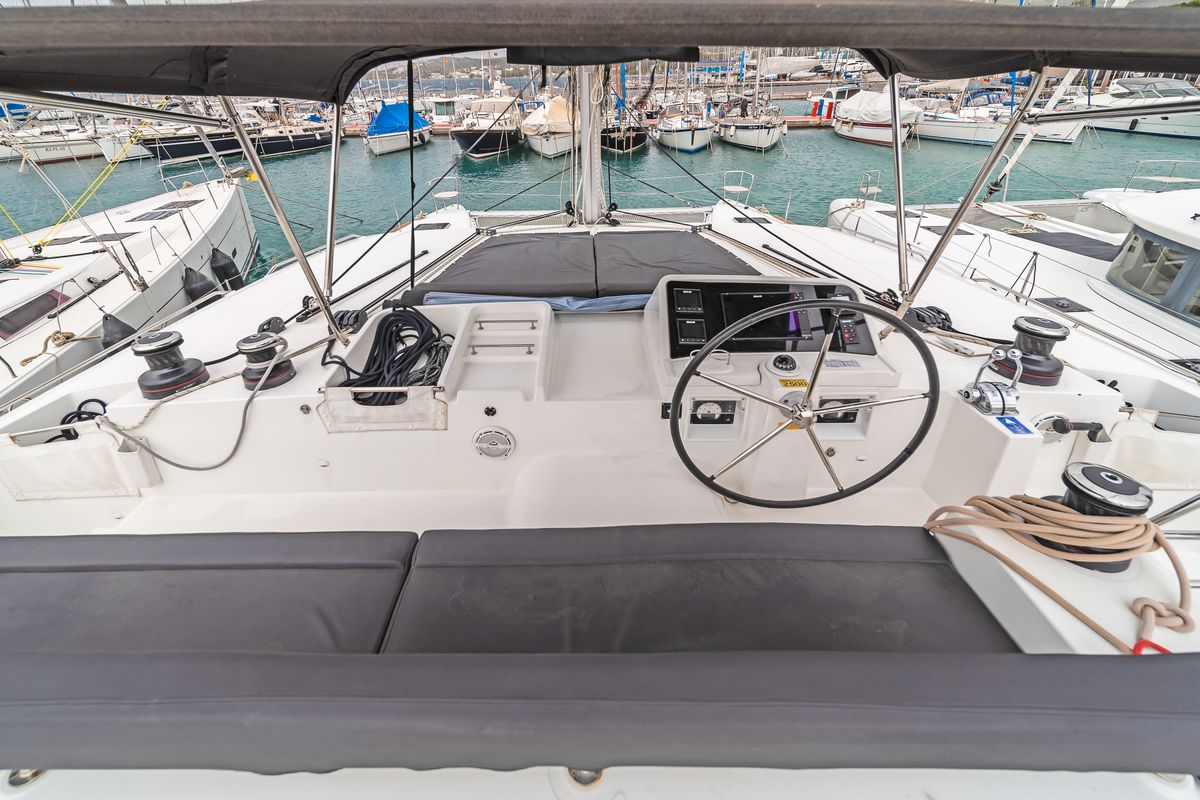 Cockpit of Nemesis, a Lagoon 450 Fly catamaran at Kos, Greece