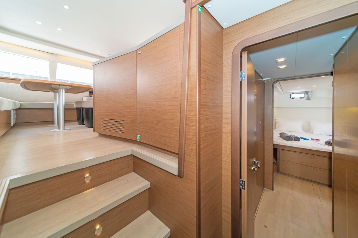 Cabin on Nemesis, a Lagoon 450 Fly catamaran at Kos, Greece