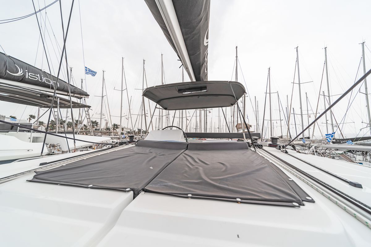 Deck of Nemesis, a Lagoon 450 Fly catamaran at Kos, Greece