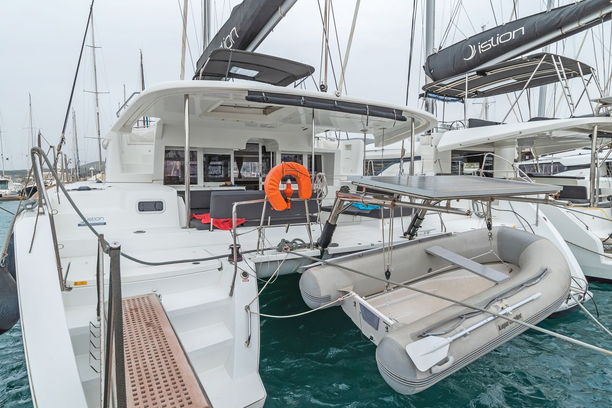 Deck of Nemesis, a Lagoon 450 Fly catamaran at Kos, Greece