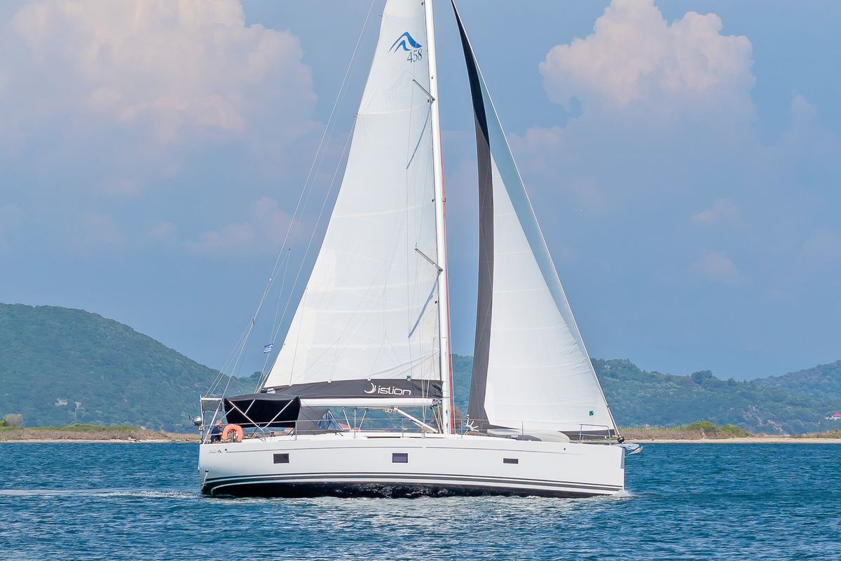 Exterior view of Euphoria, a Hanse Yachts Hanse 458 sailboat at Municipal Unit of Lefkada, Greece
