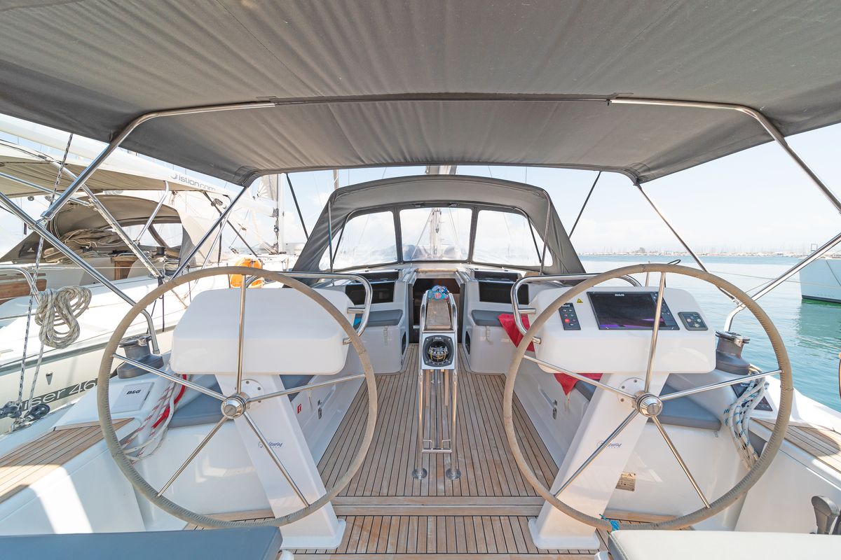 Cockpit of Euphoria, a Hanse Yachts Hanse 458 sailboat at Municipal Unit of Lefkada, Greece