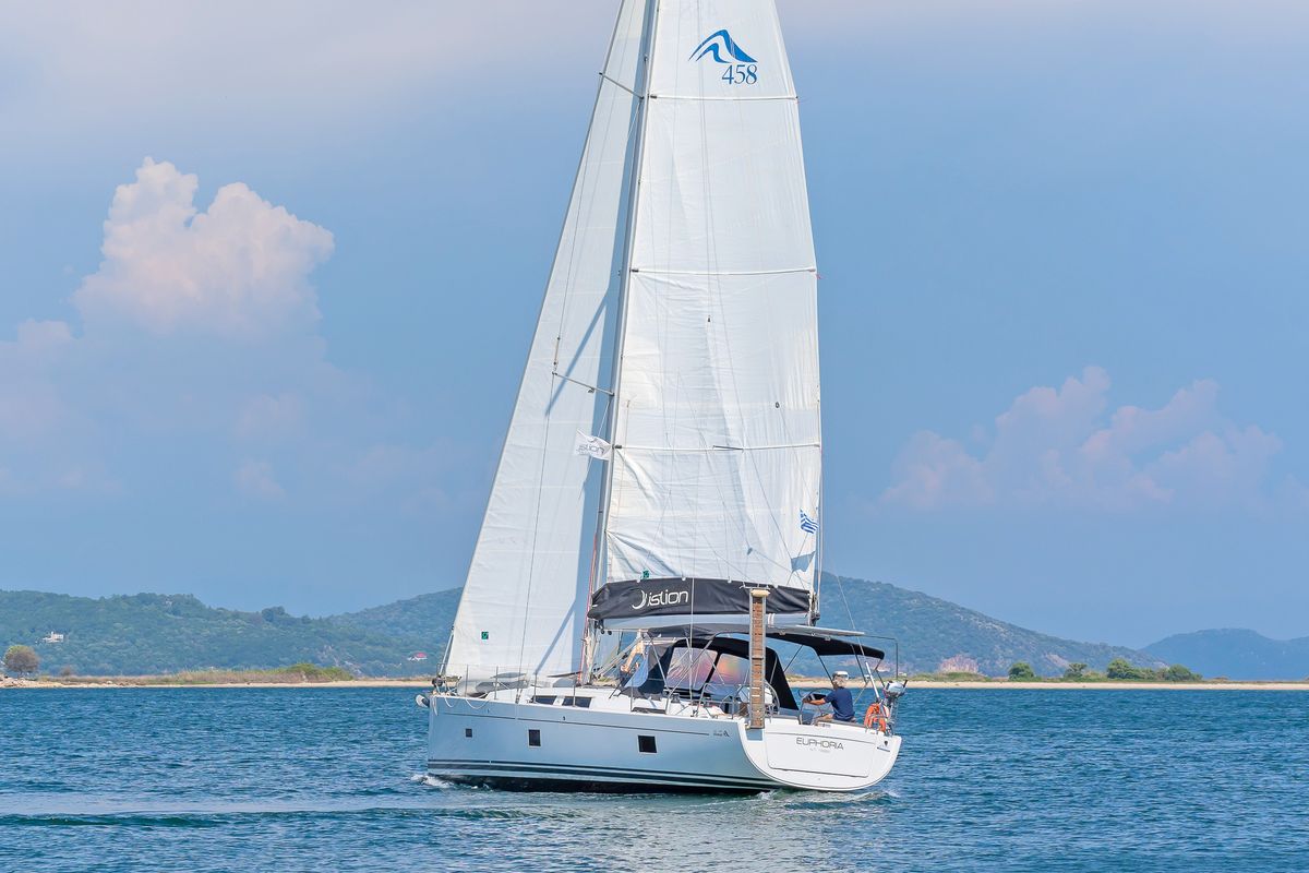 Exterior view of Euphoria, a Hanse Yachts Hanse 458 sailboat at Municipal Unit of Lefkada, Greece