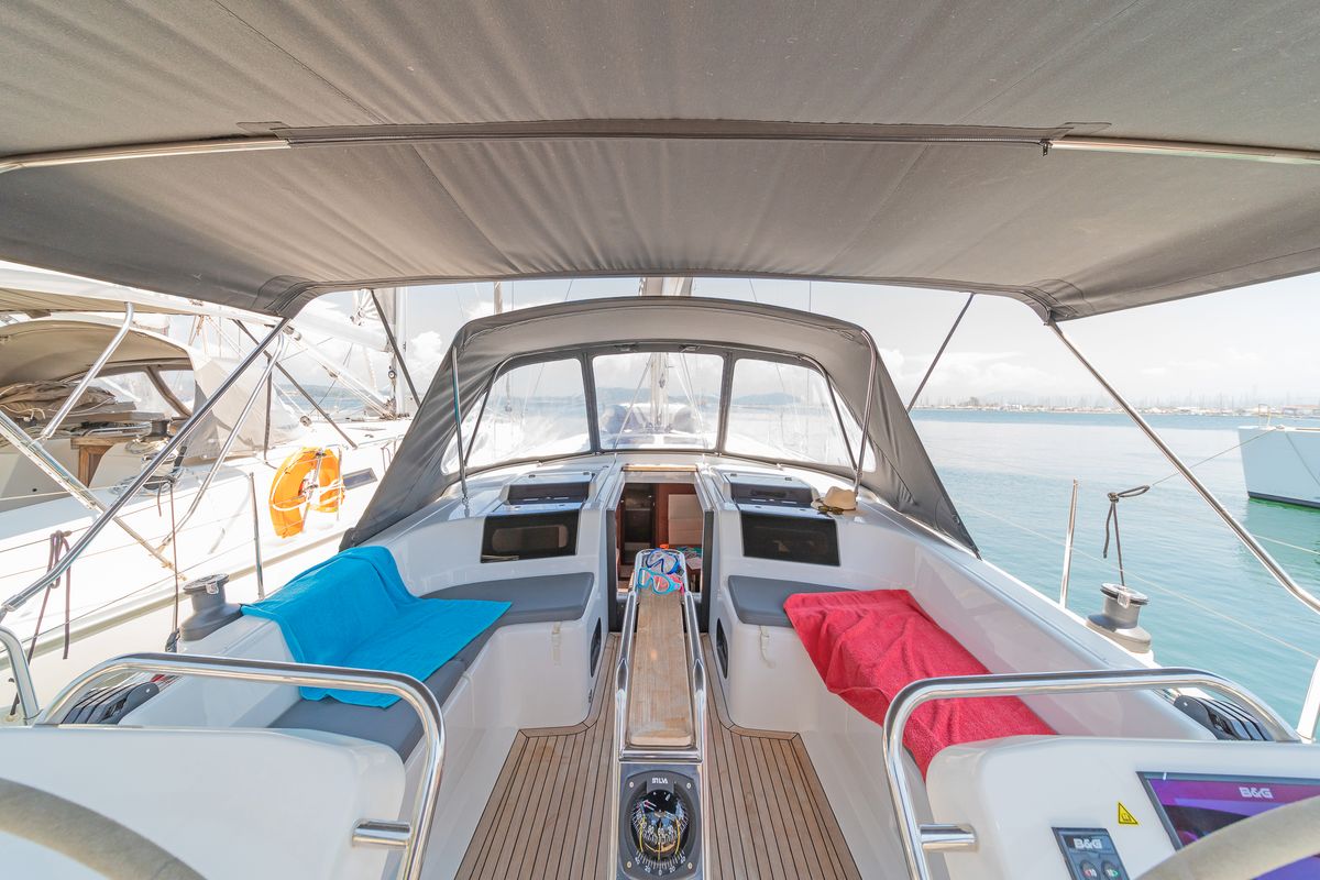 Cockpit of Euphoria, a Hanse Yachts Hanse 458 sailboat at Municipal Unit of Lefkada, Greece