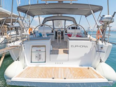 Deck of Euphoria, a Hanse Yachts Hanse 458 sailboat at Municipal Unit of Lefkada, Greece