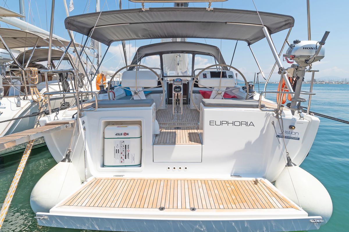 Deck of Euphoria, a Hanse Yachts Hanse 458 sailboat at Municipal Unit of Lefkada, Greece
