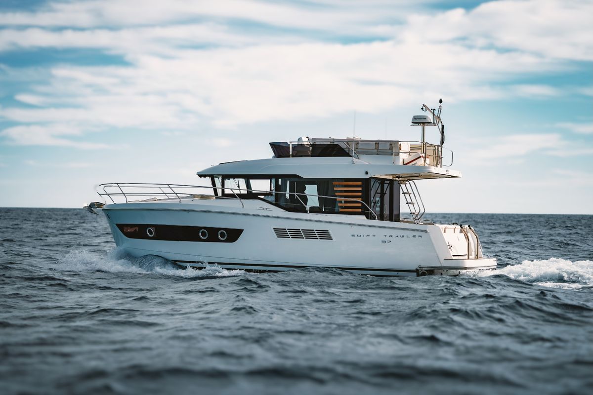 Exterior view of ZOE, a Beneteau Swift Trawler 37 Fly motorboat at Split, Croatia