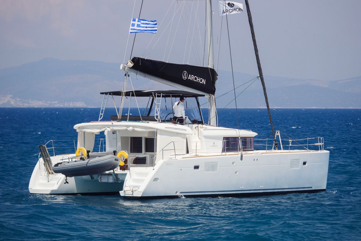 Exterior view of Greis, a Lagoon 450 Fly catamaran at Municipal Unit of Rhodes, Greece