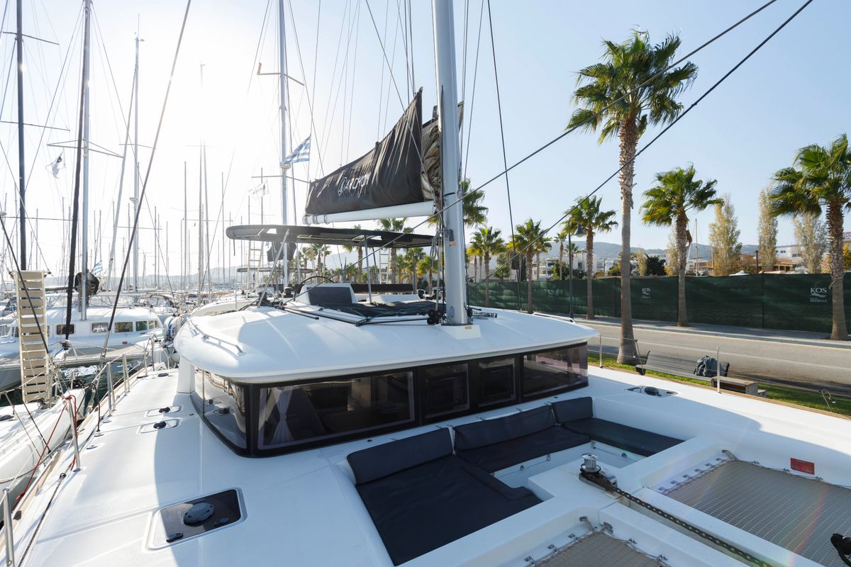 Deck of Greis, a Lagoon 450 Fly catamaran at Municipal Unit of Rhodes, Greece