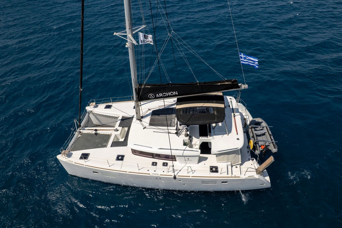 Exterior view of Greis, a Lagoon 450 Fly catamaran at Municipal Unit of Rhodes, Greece