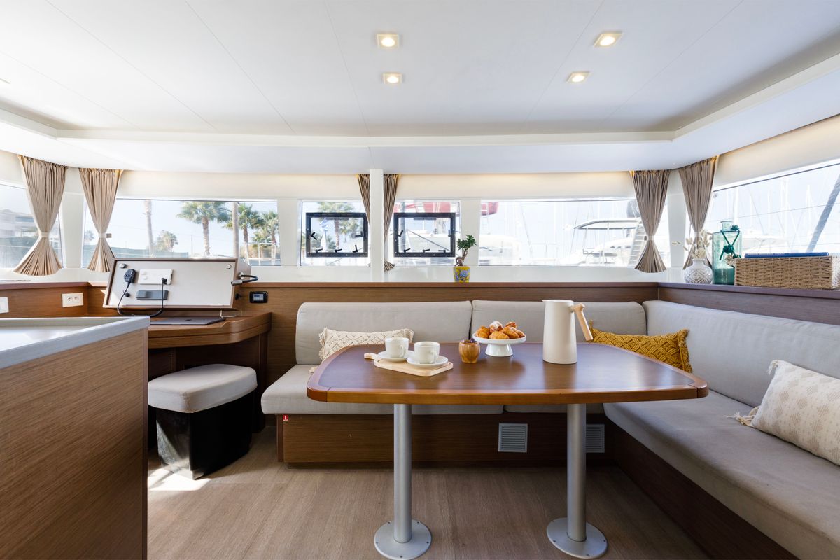 Salon of Greis, a Lagoon 450 Fly catamaran at Municipal Unit of Rhodes, Greece