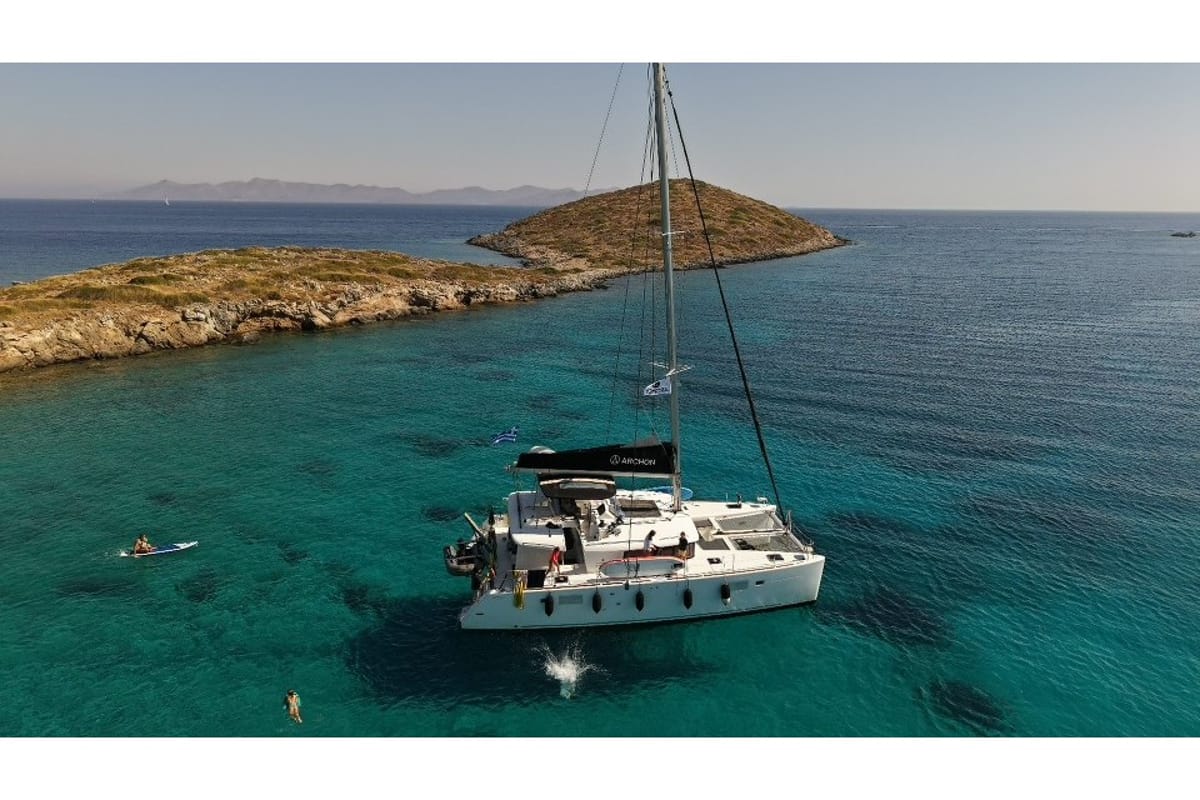 Exterior view of Greis, a Lagoon 450 Fly catamaran at Municipal Unit of Rhodes, Greece