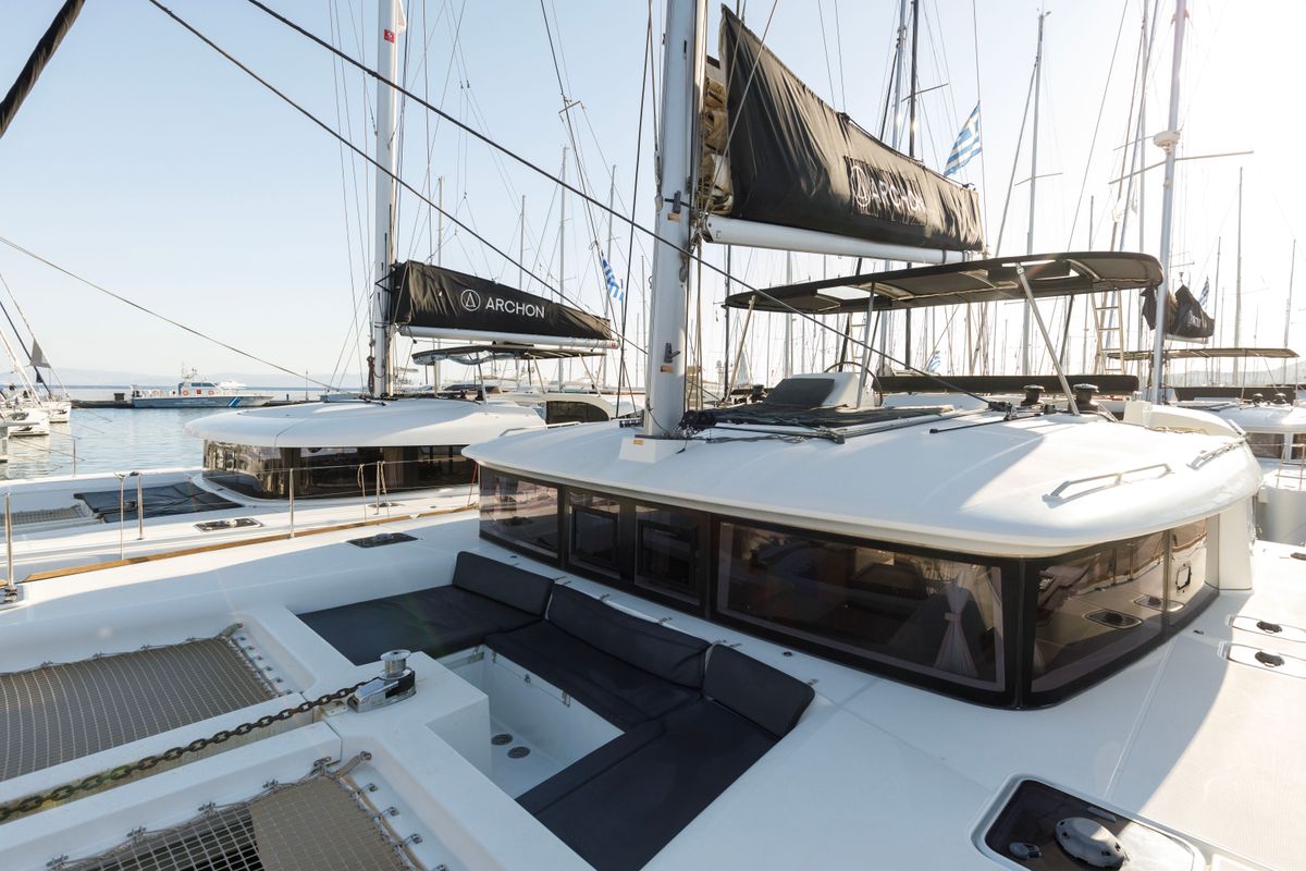 Deck of Greis, a Lagoon 450 Fly catamaran at Municipal Unit of Rhodes, Greece