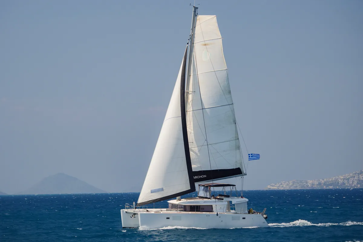 Exterior view of Greis, a Lagoon 450 Fly catamaran at Municipal Unit of Rhodes, Greece