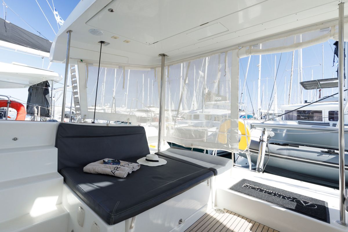 Deck of Greis, a Lagoon 450 Fly catamaran at Municipal Unit of Rhodes, Greece