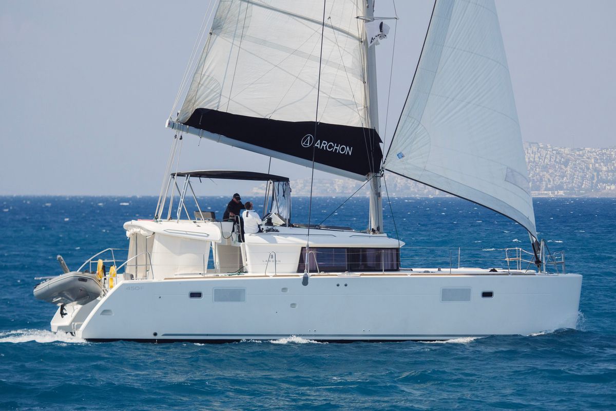 Exterior view of Greis, a Lagoon 450 Fly catamaran at Municipal Unit of Rhodes, Greece