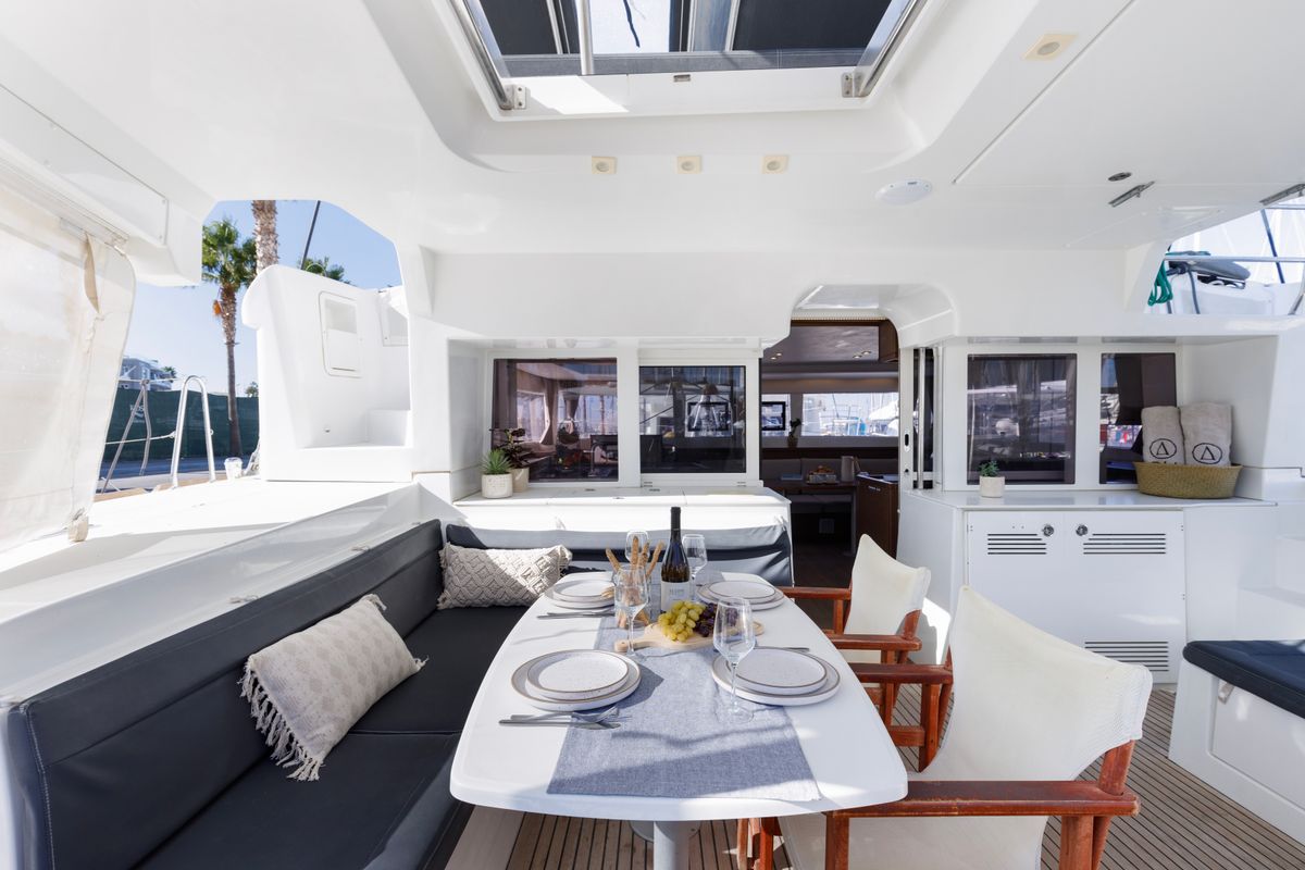 Deck of Greis, a Lagoon 450 Fly catamaran at Municipal Unit of Rhodes, Greece
