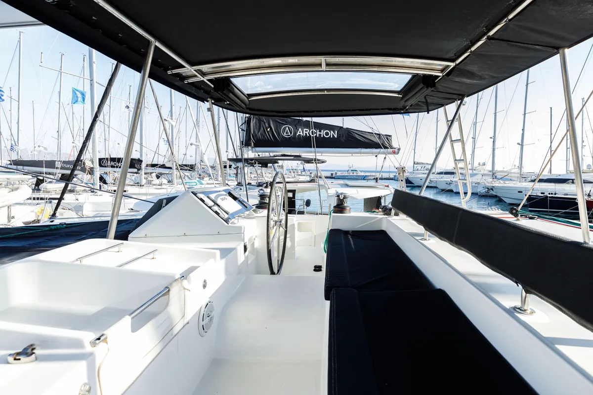 Cockpit of Greis, a Lagoon 450 Fly catamaran at Municipal Unit of Rhodes, Greece