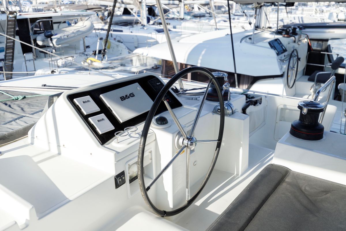 Cockpit of Greis, a Lagoon 450 Fly catamaran at Municipal Unit of Rhodes, Greece