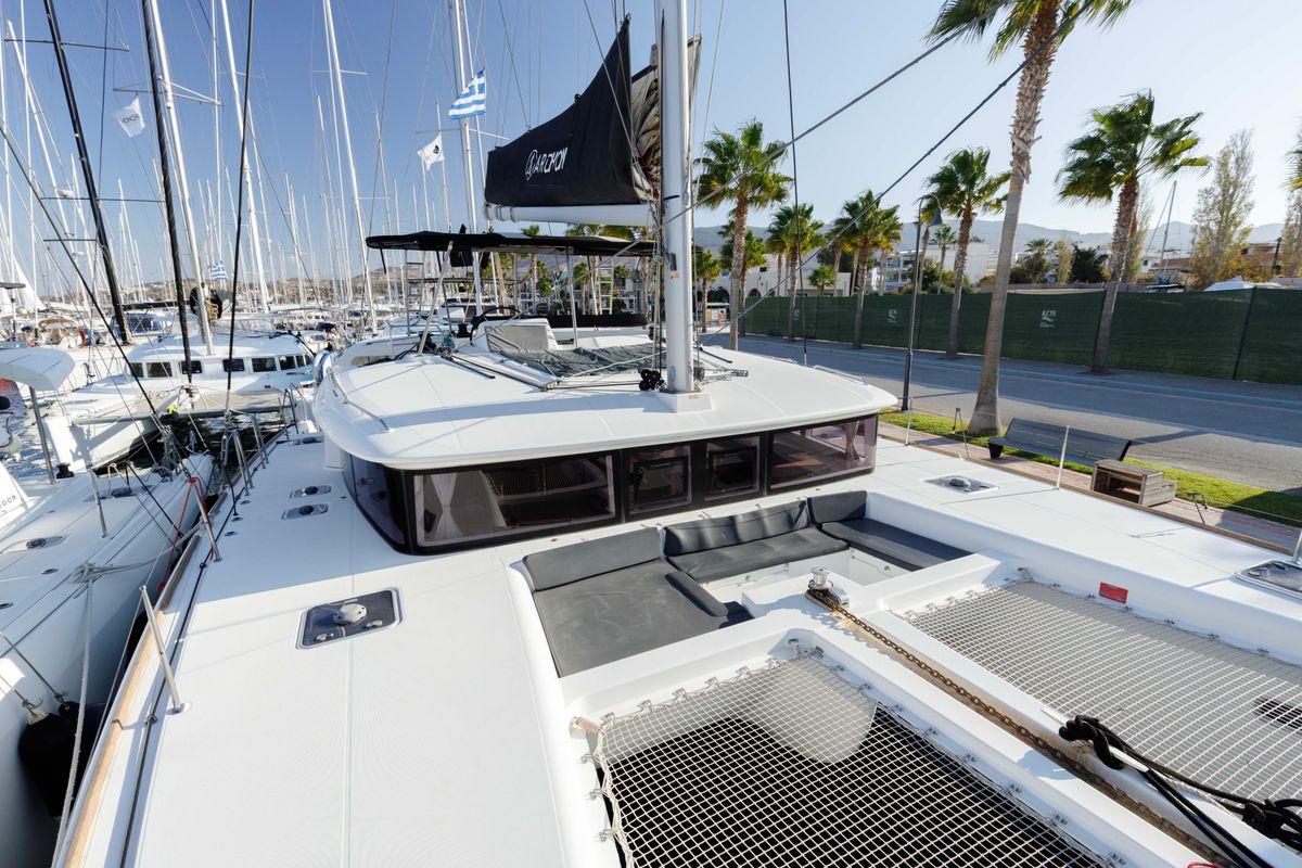 Deck of Greis, a Lagoon 450 Fly catamaran at Municipal Unit of Rhodes, Greece