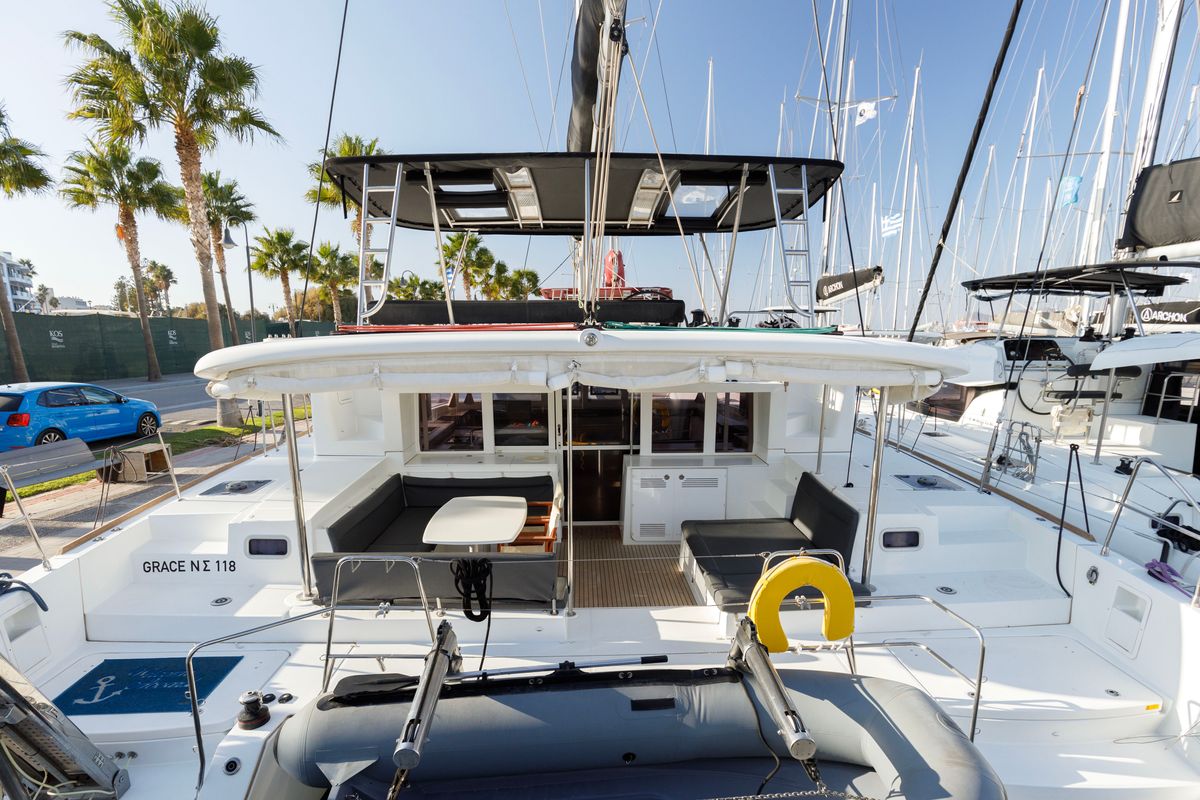 Deck of Greis, a Lagoon 450 Fly catamaran at Municipal Unit of Rhodes, Greece