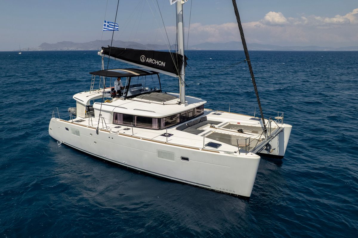 Exterior view of Greis, a Lagoon 450 Fly catamaran at Municipal Unit of Rhodes, Greece