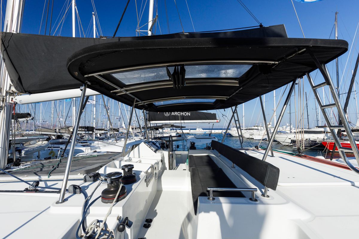 Cockpit of Greis, a Lagoon 450 Fly catamaran at Municipal Unit of Rhodes, Greece
