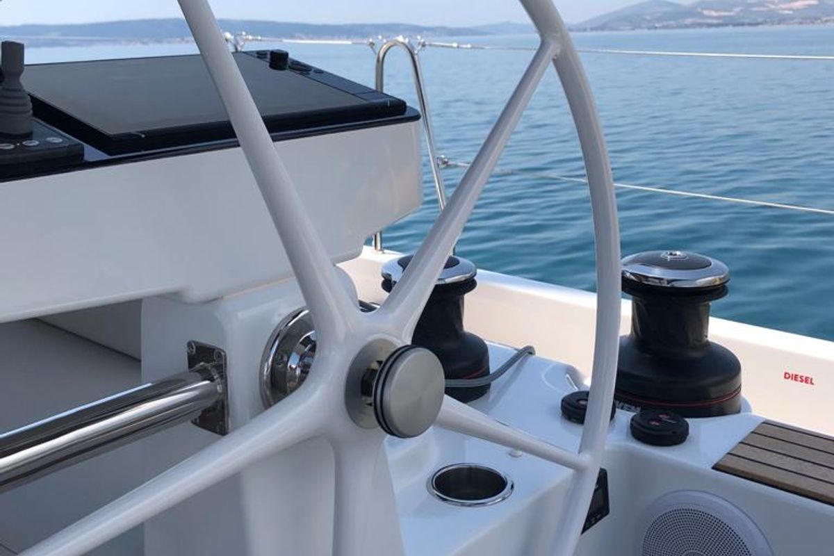 Cockpit of White Bird , a Beneteau Oceanis Yacht 54 sailboat at Općina Rogoznica, Croatia