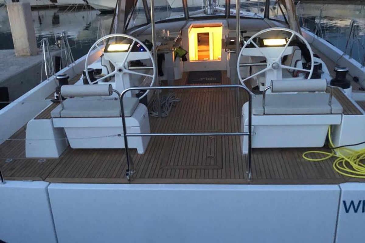 Cockpit of White Bird , a Beneteau Oceanis Yacht 54 sailboat at Općina Rogoznica, Croatia