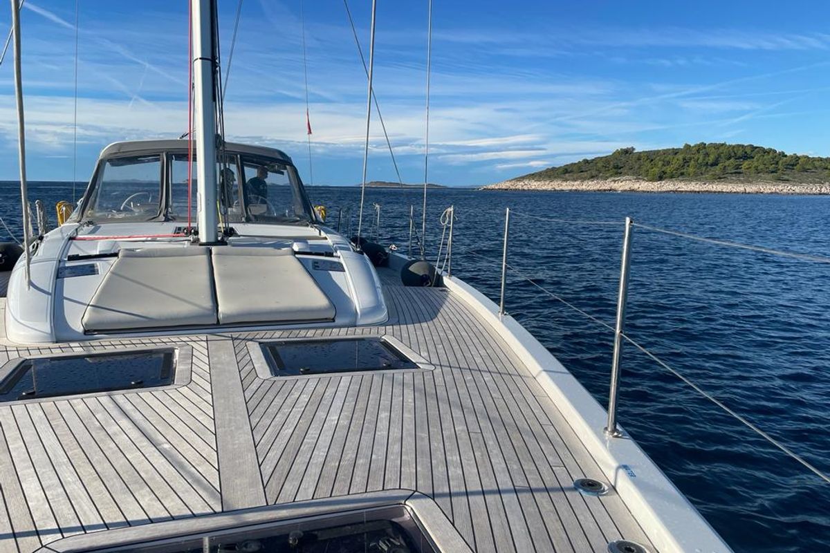 Deck of White Bird , a Beneteau Oceanis Yacht 54 sailboat at Općina Rogoznica, Croatia