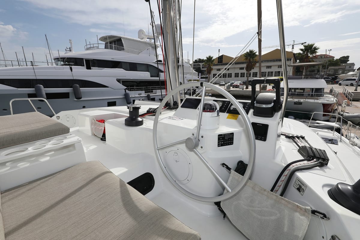 Cockpit of Queen Bee, a Bali Catspace catamaran at Općina Rogoznica, Croatia