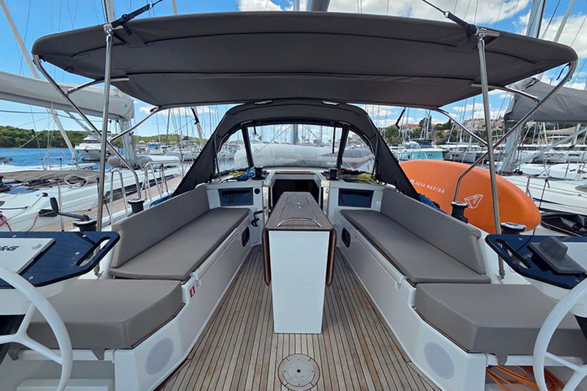 Cockpit of Vera, a Dufour 44 sailboat at Grad Šibenik, Croatia