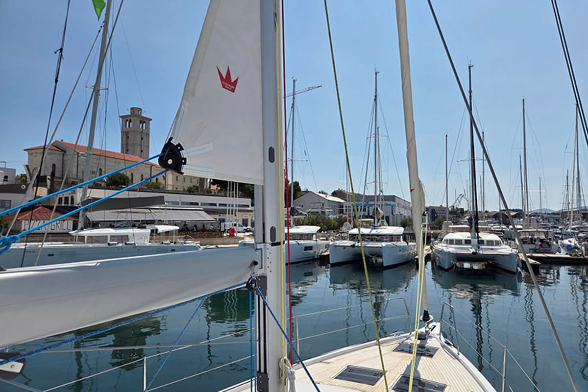 Exterior view of Vera, a Dufour 44 sailboat at Grad Šibenik, Croatia
