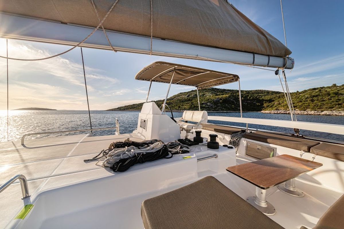 Cockpit of Catamarino, a Dufour 48 Catamaran catamaran at Primošten, Croatia