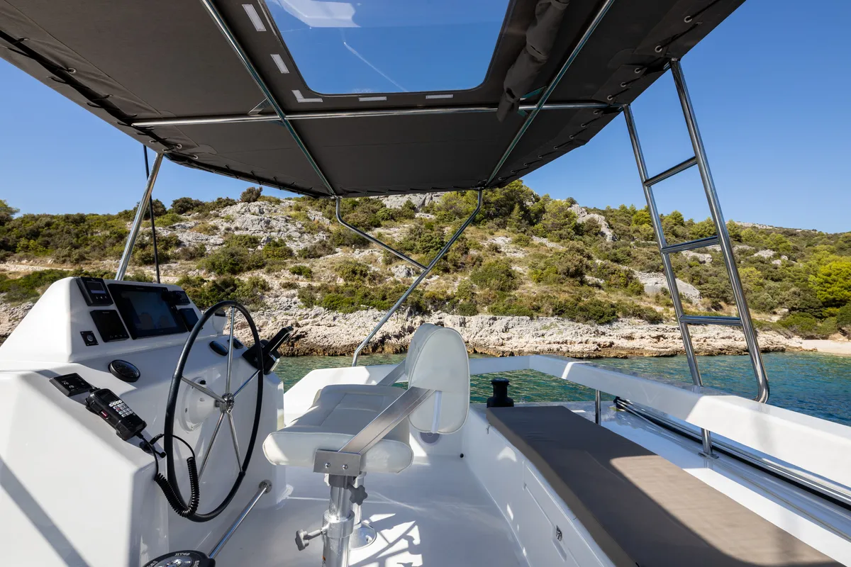 Cockpit of Catamarino, a Dufour 48 Catamaran catamaran at Primošten, Croatia