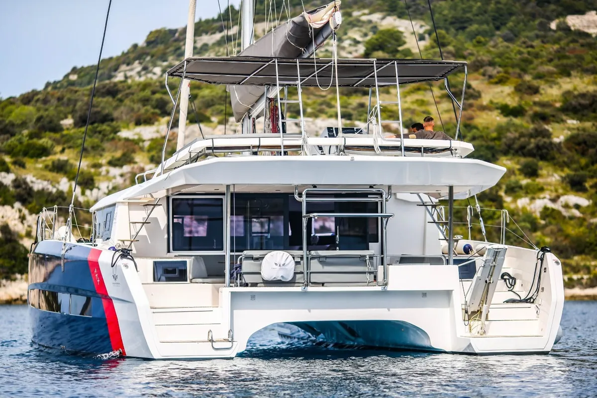 Exterior view of Catamarino, a Dufour 48 Catamaran catamaran at Primošten, Croatia