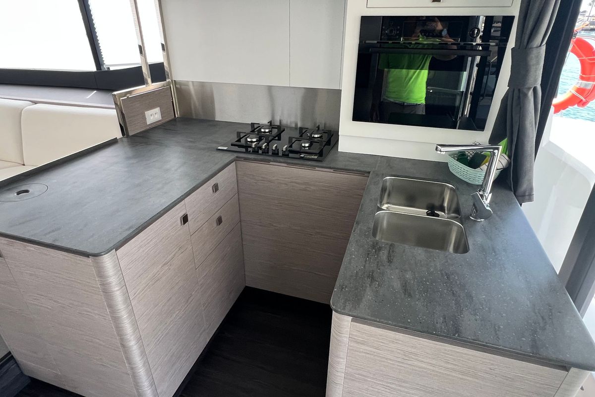 Galley of Mamma Mia, a Fountaine Pajot MY6 catamaran at Palma de Mallorca, Spain