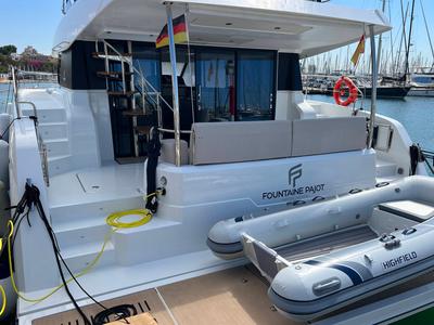 Deck of Mamma Mia, a Fountaine Pajot MY6 catamaran at Palma de Mallorca, Spain