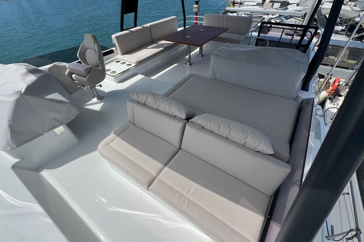 Deck of Mamma Mia, a Fountaine Pajot MY6 catamaran at Palma de Mallorca, Spain