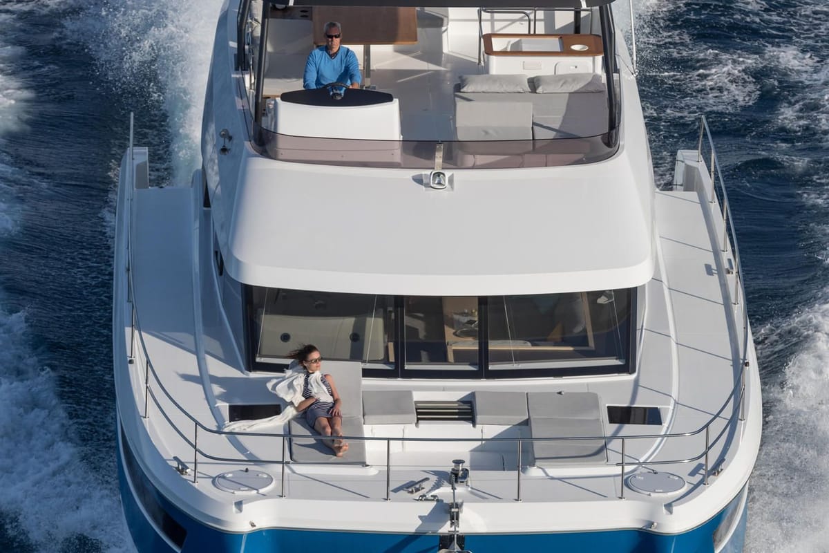 Exterior view of Mamma Mia, a Fountaine Pajot MY6 catamaran at Palma de Mallorca, Spain