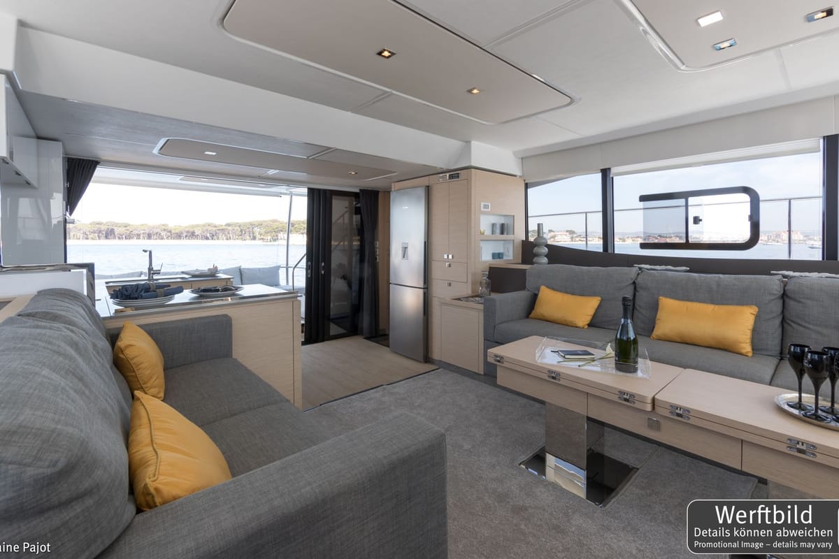 Galley of Mamma Mia, a Fountaine Pajot MY6 catamaran at Palma de Mallorca, Spain