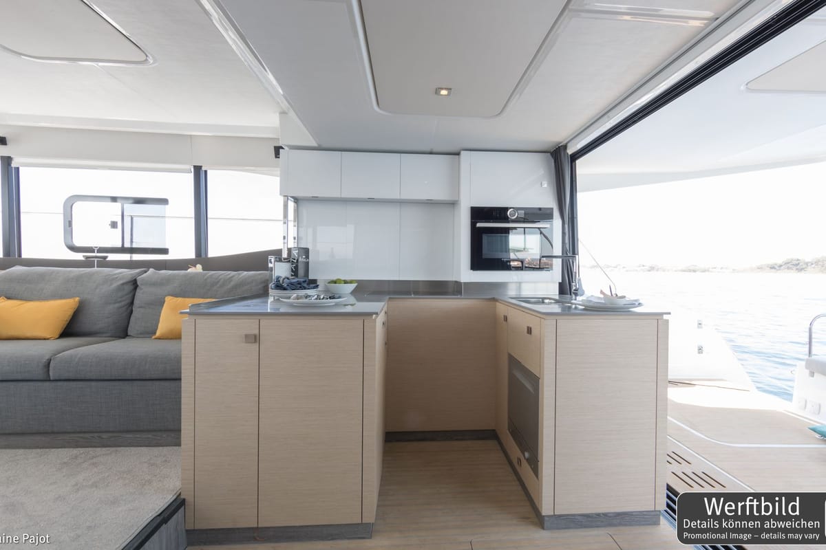 Galley of Mamma Mia, a Fountaine Pajot MY6 catamaran at Palma de Mallorca, Spain