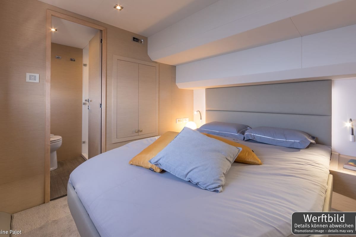 Cabin on Mamma Mia, a Fountaine Pajot MY6 catamaran at Palma de Mallorca, Spain