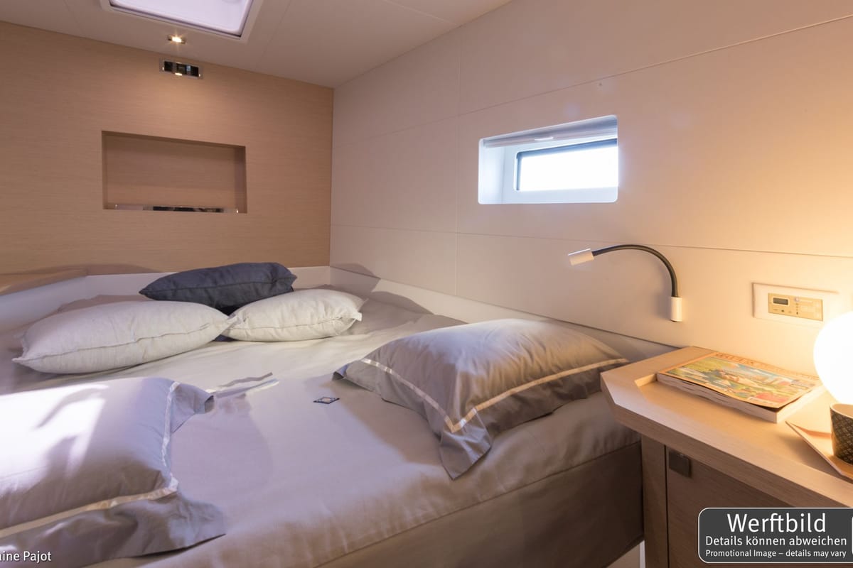 Cabin on Mamma Mia, a Fountaine Pajot MY6 catamaran at Palma de Mallorca, Spain