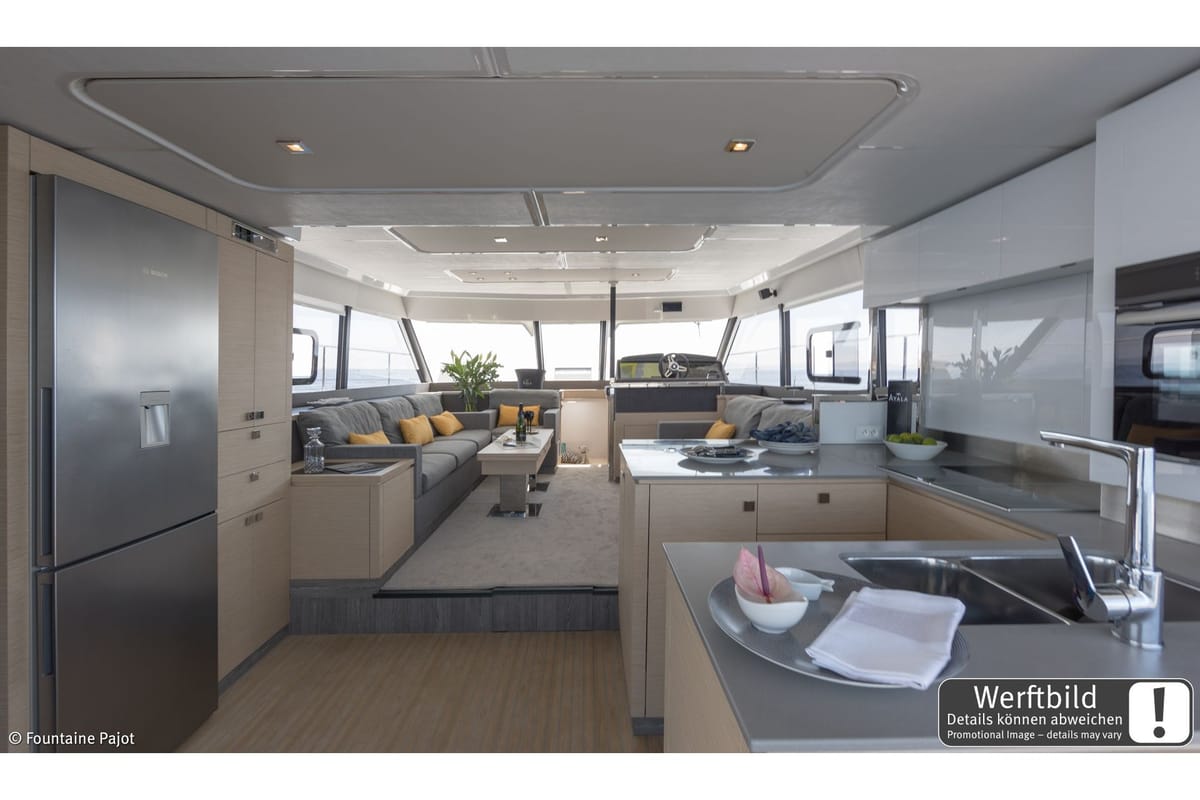 Galley of Mamma Mia, a Fountaine Pajot MY6 catamaran at Palma de Mallorca, Spain